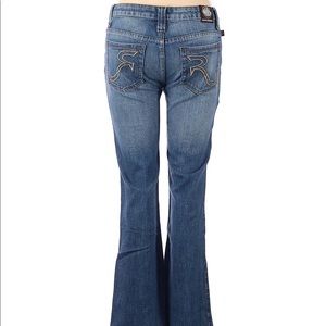 Rock & Republic Blue Jeans Tan Stitching Boot Cut Size 31 x 35” inseam Like New